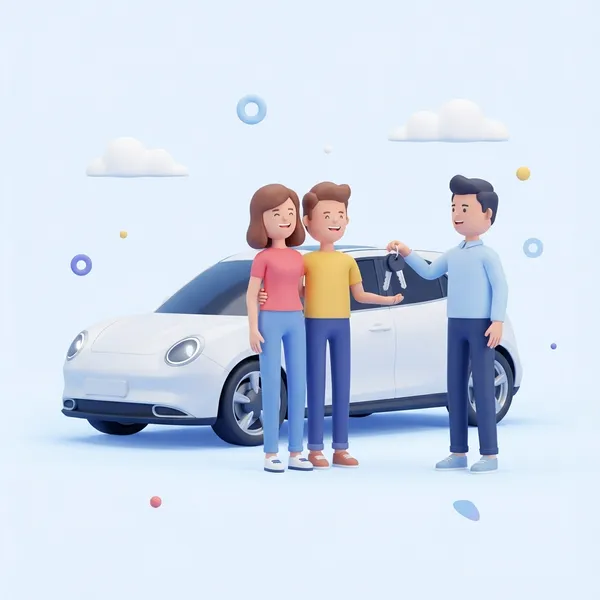 Pareja feliz recibiendo las llaves de su nuevo coche